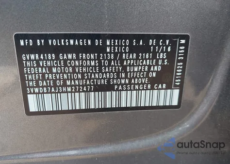 2017 Volkswagen Jetta 1.4T Se z USA, uszkodzony, nr VIN 3VWDB7AJ3HM272477